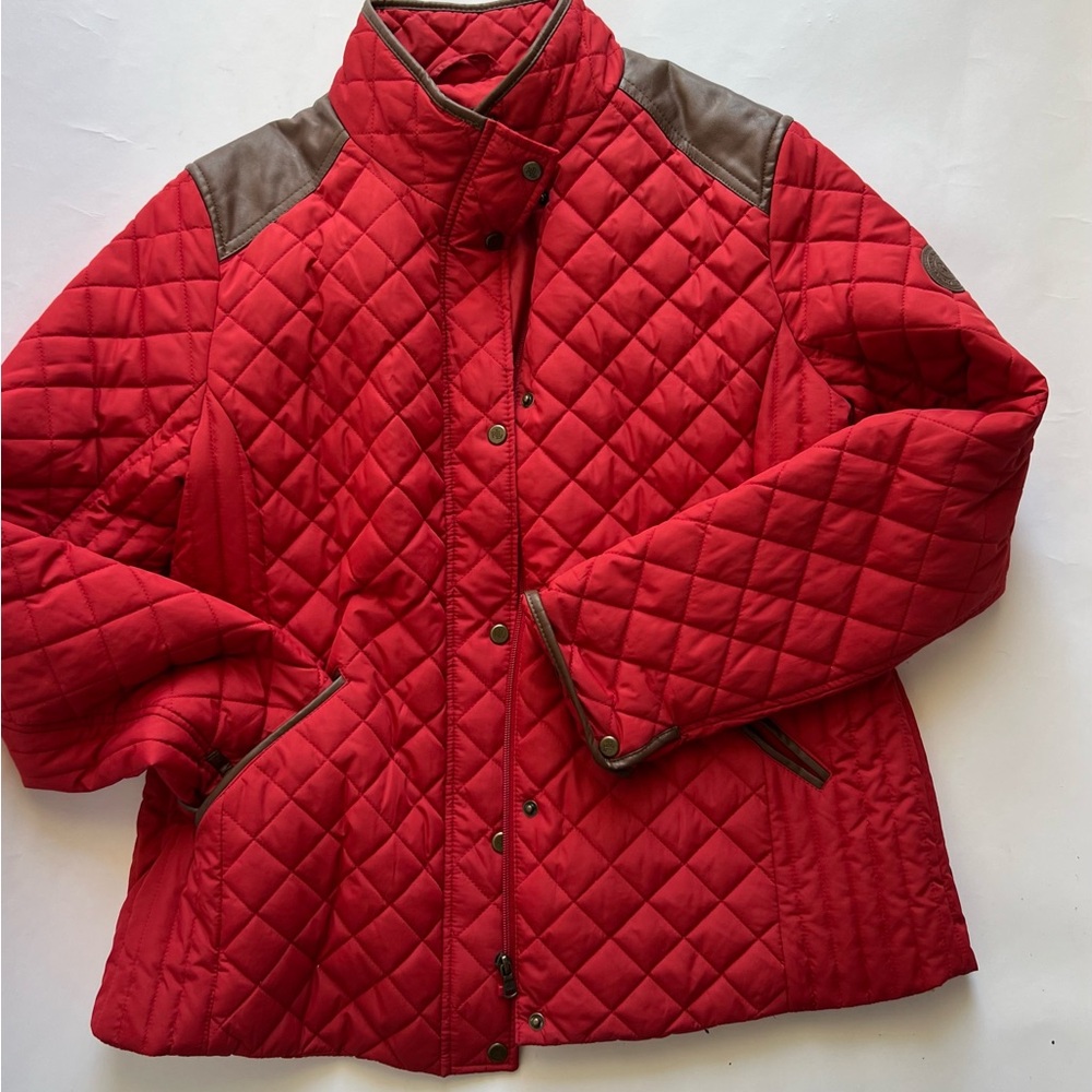 Ralph Lauren Red Quilted Puffer Jacket with Brown Shoulder Accents
